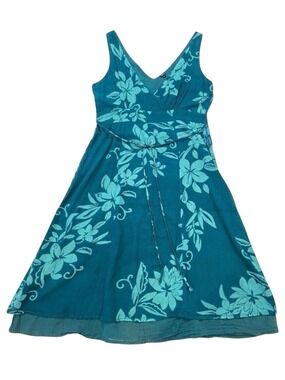 Natura sun dress 100% cotton floral pattern blue/green shades V neckline Medium